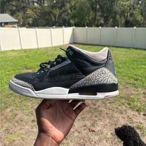 Jordan Retro 3 Low Black with Grey Elephant Print and Green Accents